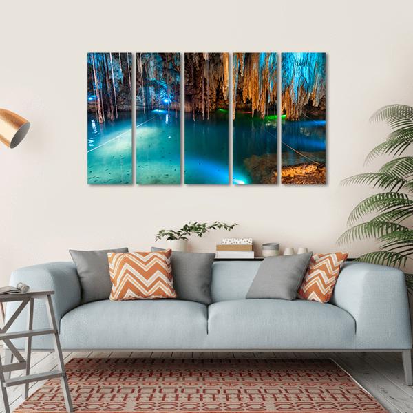 Turquoise Waters And Large Stalactites In Mexico Canvas Wall Art-5 Horizontal-Gallery Wrap-22" x 12"-Tiaracle