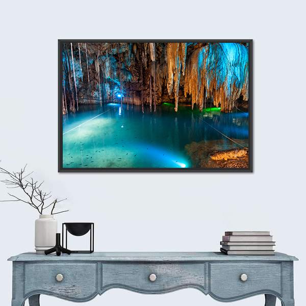 Turquoise Waters And Large Stalactites In Mexico Canvas Wall Art-5 Horizontal-Gallery Wrap-22" x 12"-Tiaracle