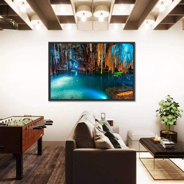 Turquoise Waters And Large Stalactites In Mexico Canvas Wall Art-3 Horizontal-Gallery Wrap-25" x 16"-Tiaracle