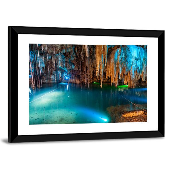 Turquoise Waters And Large Stalactites In Mexico Canvas Wall Art-5 Horizontal-Gallery Wrap-22" x 12"-Tiaracle