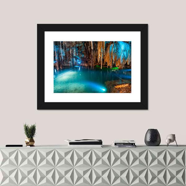 Turquoise Waters And Large Stalactites In Mexico Canvas Wall Art-5 Horizontal-Gallery Wrap-22" x 12"-Tiaracle