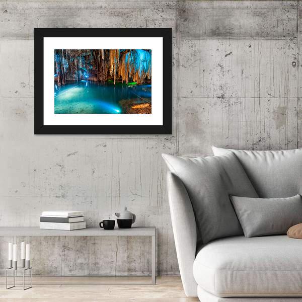Turquoise Waters And Large Stalactites In Mexico Canvas Wall Art-3 Horizontal-Gallery Wrap-25" x 16"-Tiaracle