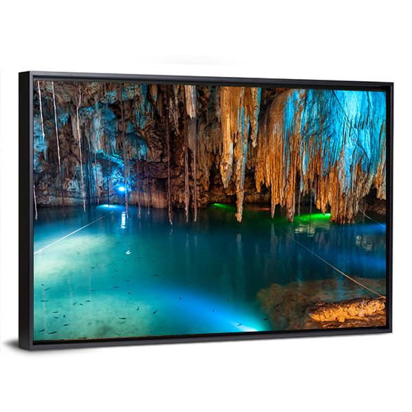 Turquoise Waters And Large Stalactites In Mexico Canvas Wall Art-5 Horizontal-Gallery Wrap-22" x 12"-Tiaracle
