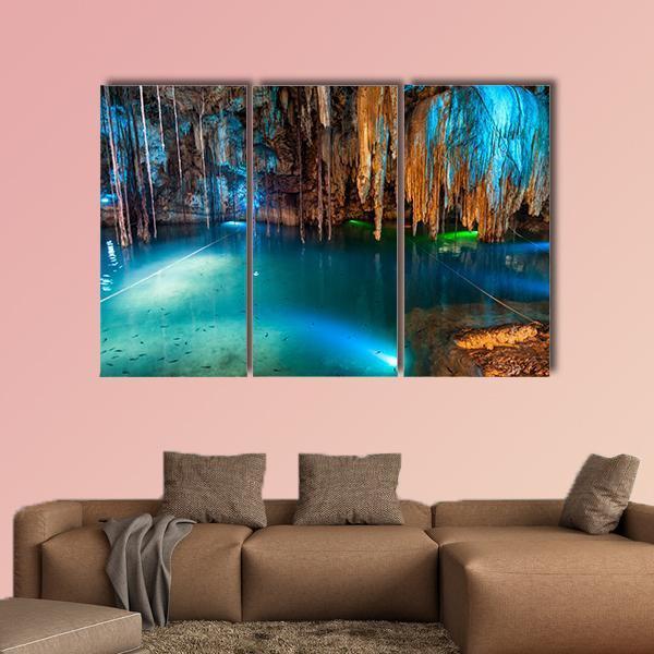 Turquoise Waters And Large Stalactites In Mexico Canvas Wall Art-3 Horizontal-Gallery Wrap-25" x 16"-Tiaracle