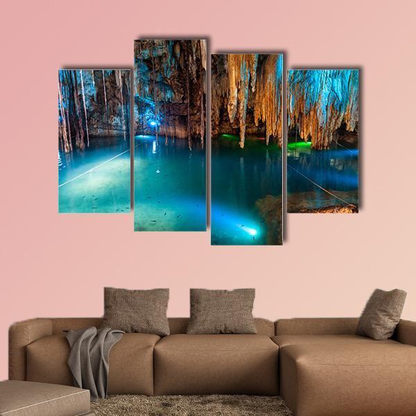 Turquoise Waters And Large Stalactites In Mexico Canvas Wall Art-4 Pop-Gallery Wrap-50" x 32"-Tiaracle