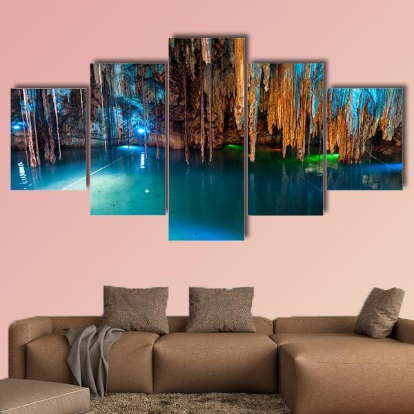 Turquoise Waters And Large Stalactites In Mexico Canvas Wall Art-5 Star-Gallery Wrap-62" x 32"-Tiaracle
