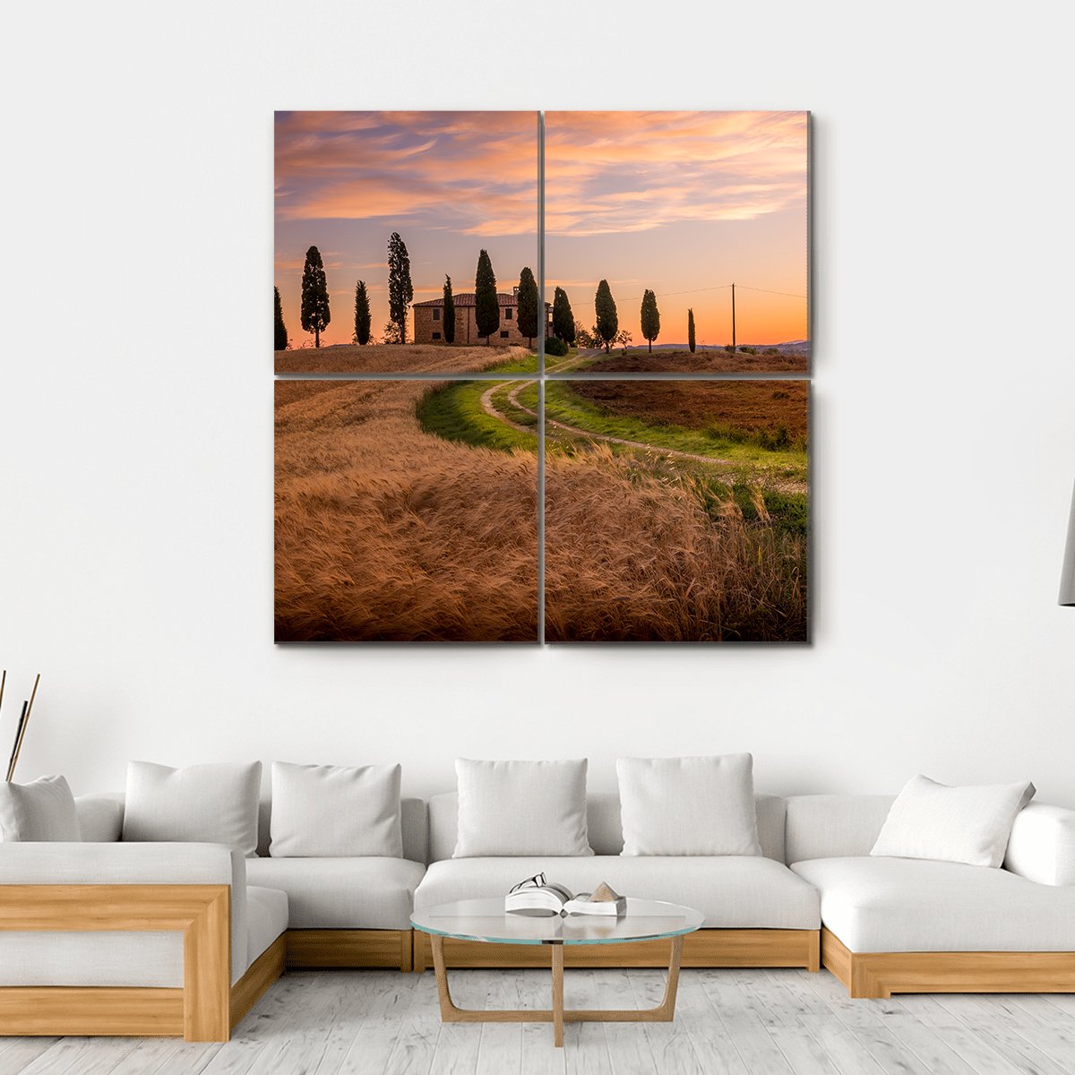 Tuscan Sunrise Landscape Canvas Wall Art-4 Square-Gallery Wrap-17" x 17"-Tiaracle