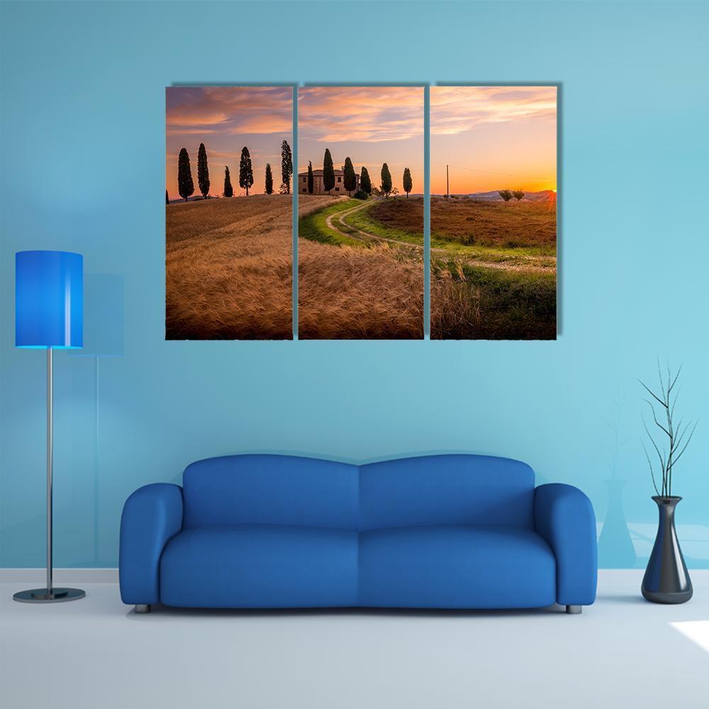 Tuscan Sunrise Landscape Canvas Wall Art-3 Horizontal-Gallery Wrap-37" x 24"-Tiaracle
