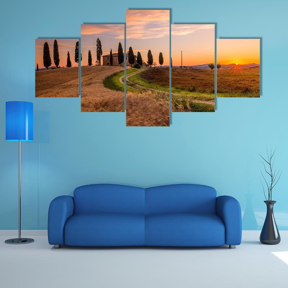 Tuscan Sunrise Over Wheat Field Canvas Wall Art in brown, orange and yellow, 5 panel Star layout hung on a wall