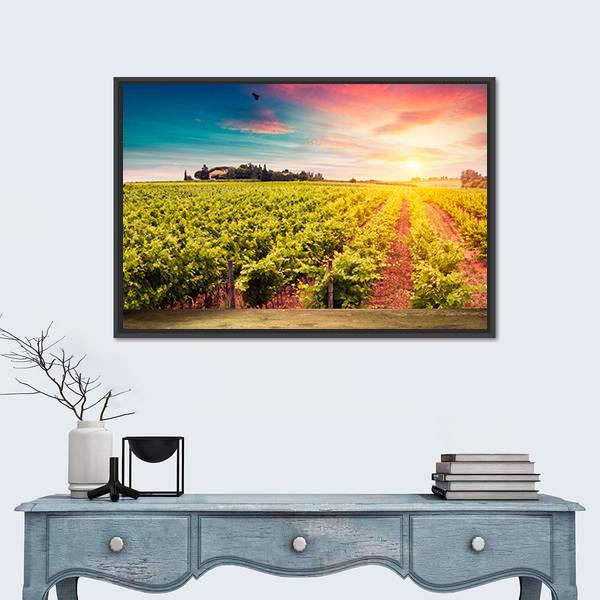Tuscan vineyards At Sunset Canvas Wall Art-3 Horizontal-Gallery Wrap-25" x 16"-Tiaracle
