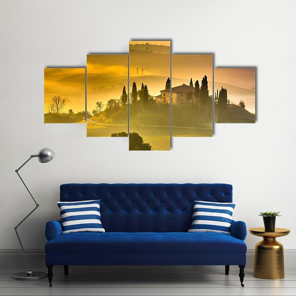 Tuscany At Early Morning Canvas Wall Art-5 Star-Gallery Wrap-62" x 32"-Tiaracle
