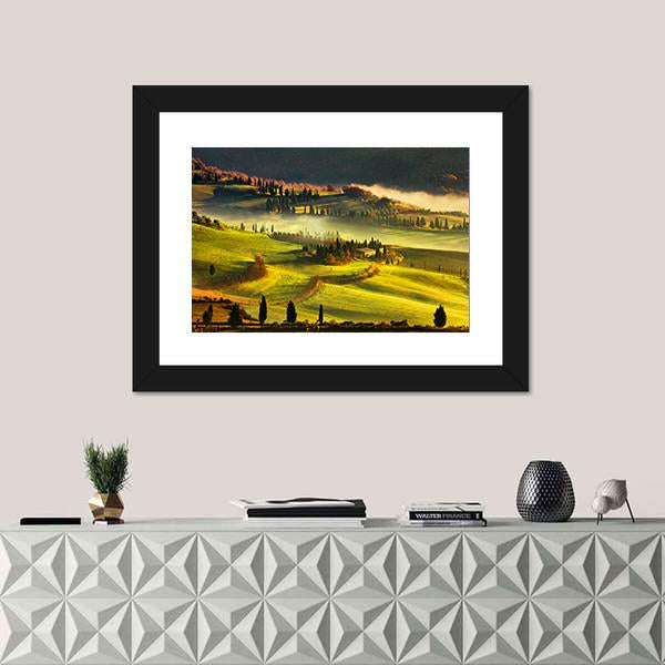 Tuscany Foggy Morning Canvas Wall Art-3 Horizontal-Gallery Wrap-25" x 16"-Tiaracle