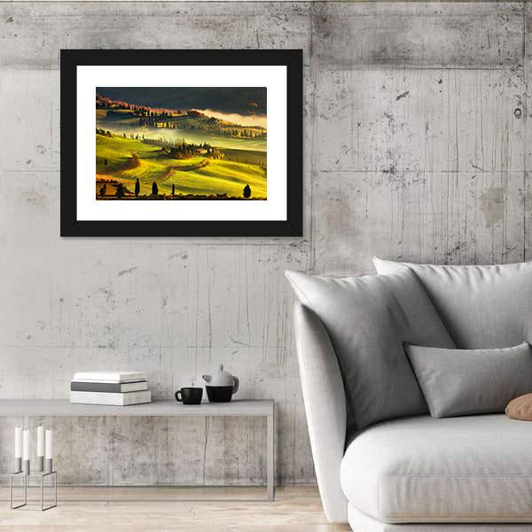 Tuscany Foggy Morning Canvas Wall Art-3 Horizontal-Gallery Wrap-25" x 16"-Tiaracle