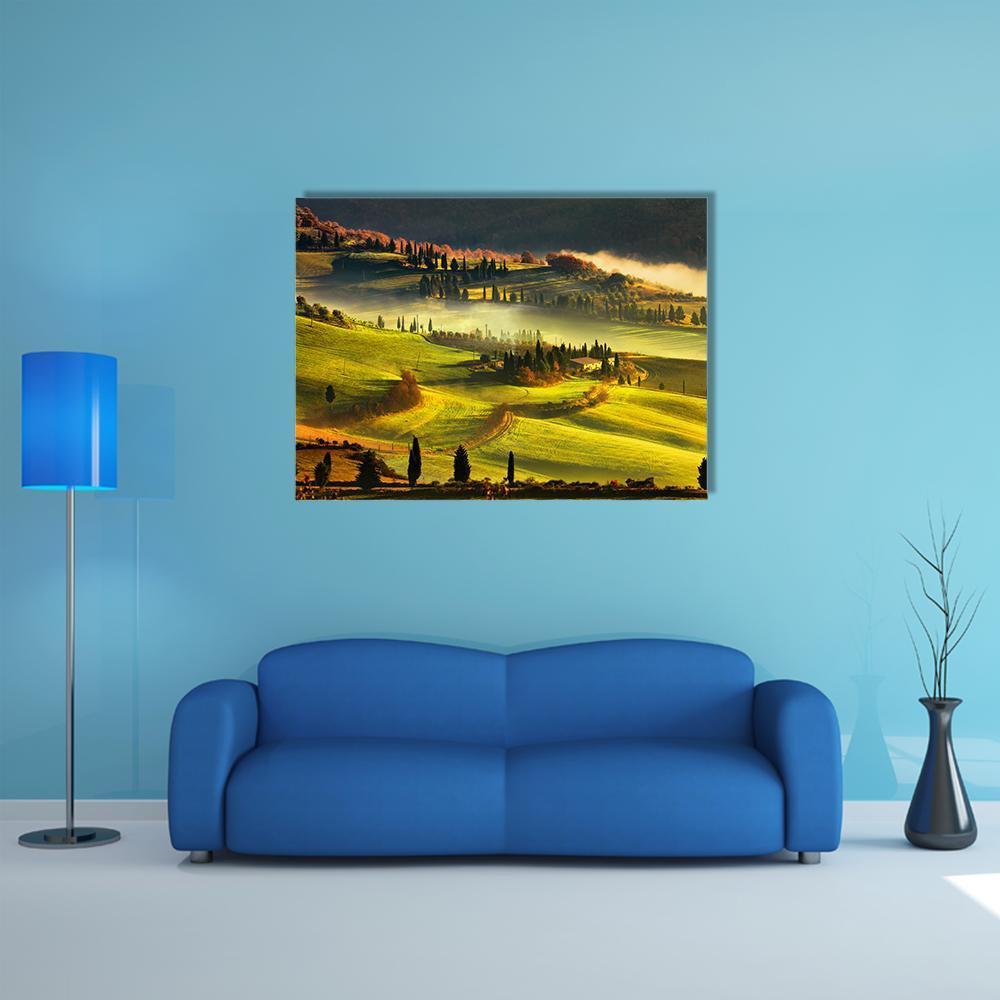 Foggy Morning in Tuscany Canvas Wall Art in brown, yellow and green, single panel hung on a wall