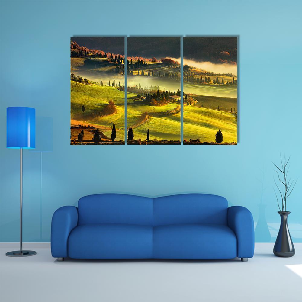 Tuscany Foggy Morning Canvas Wall Art-3 Horizontal-Gallery Wrap-37" x 24"-Tiaracle