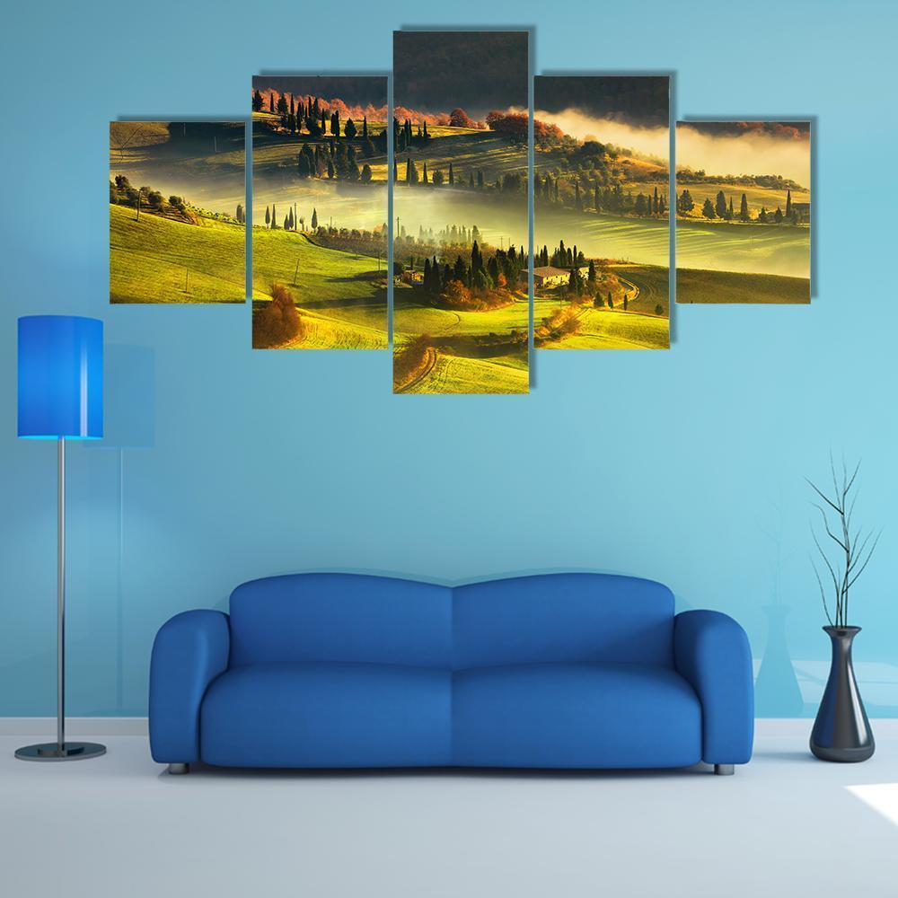 Foggy Morning in Tuscany Canvas Wall Art in brown, yellow and green, 5 panel Star layout hung on a wall