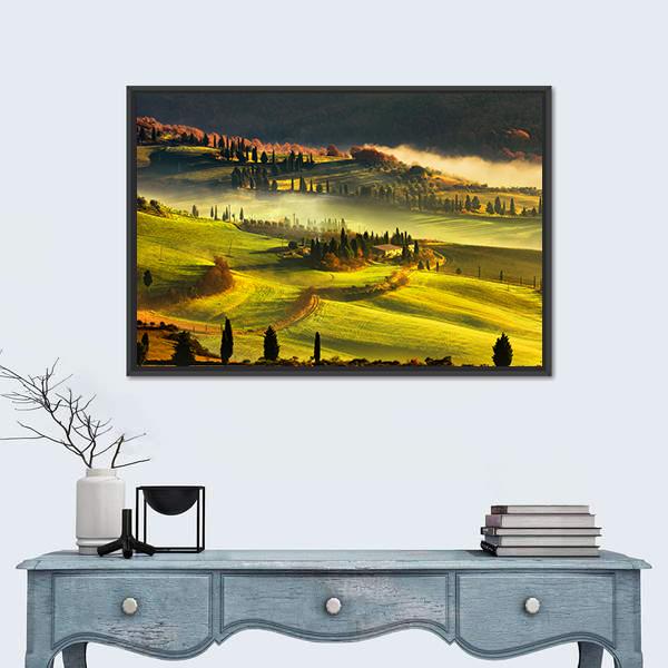 Tuscany Foggy Morning Panoramic Canvas Wall Art-1 Piece-36" x 12"-Tiaracle