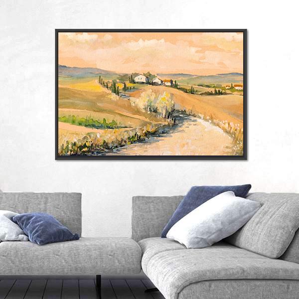 Tuscany Hill Canvas Wall Art in beige, orange and yellow, framed canvas, product view on a white background