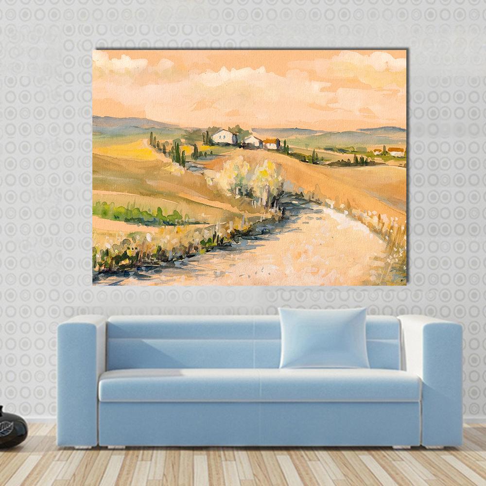 Tuscany Hill Canvas Wall Art in beige, orange and yellow, single panel hung on a wall