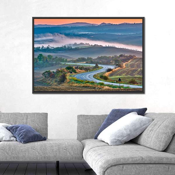 Tuscany Landscape At Sunrise Canvas Wall Art-1 Piece-Floating Frame-24" x 16"-Tiaracle