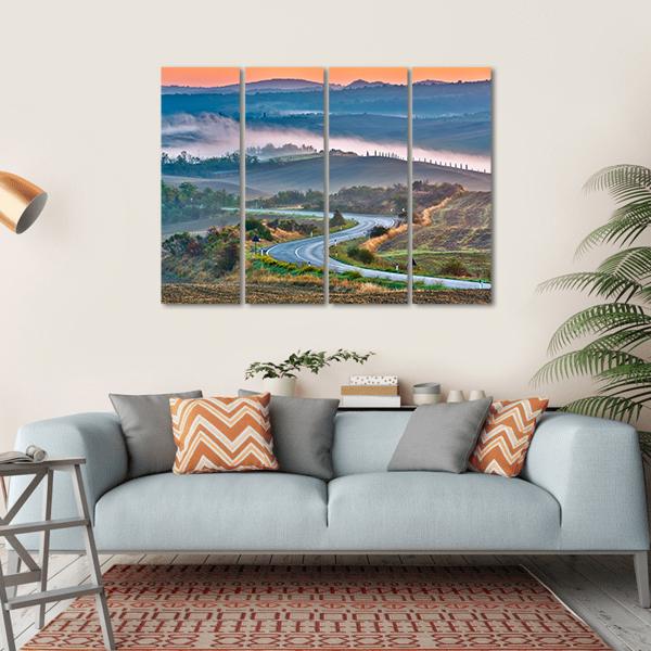 Tuscany Landscape At Sunrise Canvas Wall Art-4 Horizontal-Gallery Wrap-34" x 24"-Tiaracle