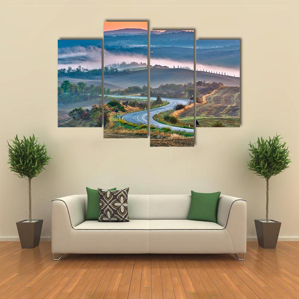 Tuscany Landscape At Sunrise Canvas Wall Art-4 Pop-Gallery Wrap-50" x 32"-Tiaracle