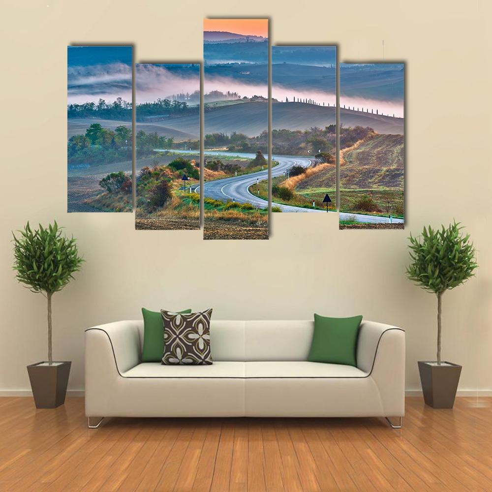 Tuscany Landscape At Sunrise Canvas Wall Art-5 Pop-Gallery Wrap-47" x 32"-Tiaracle