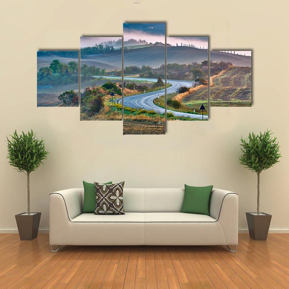 Tuscany Landscape At Sunrise Canvas Wall Art-5 Star-Gallery Wrap-62" x 32"-Tiaracle