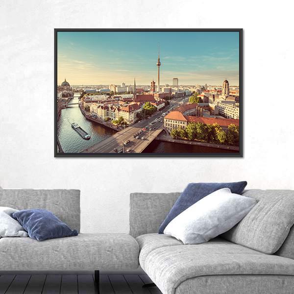 TV Tower &amp; Spree River Canvas Wall Art-1 Piece-Floating Frame-24&quot; x 16&quot;-Tiaracle