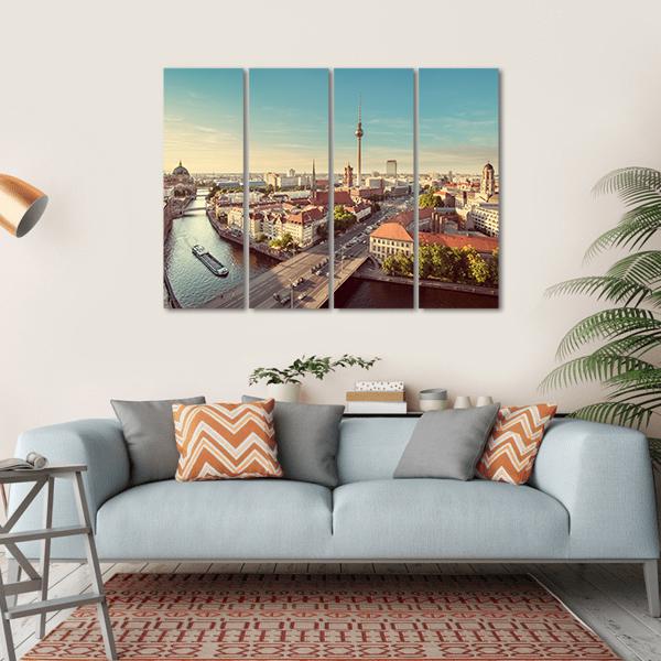 TV Tower &amp; Spree River Canvas Wall Art-4 Horizontal-Gallery Wrap-34&quot; x 24&quot;-Tiaracle