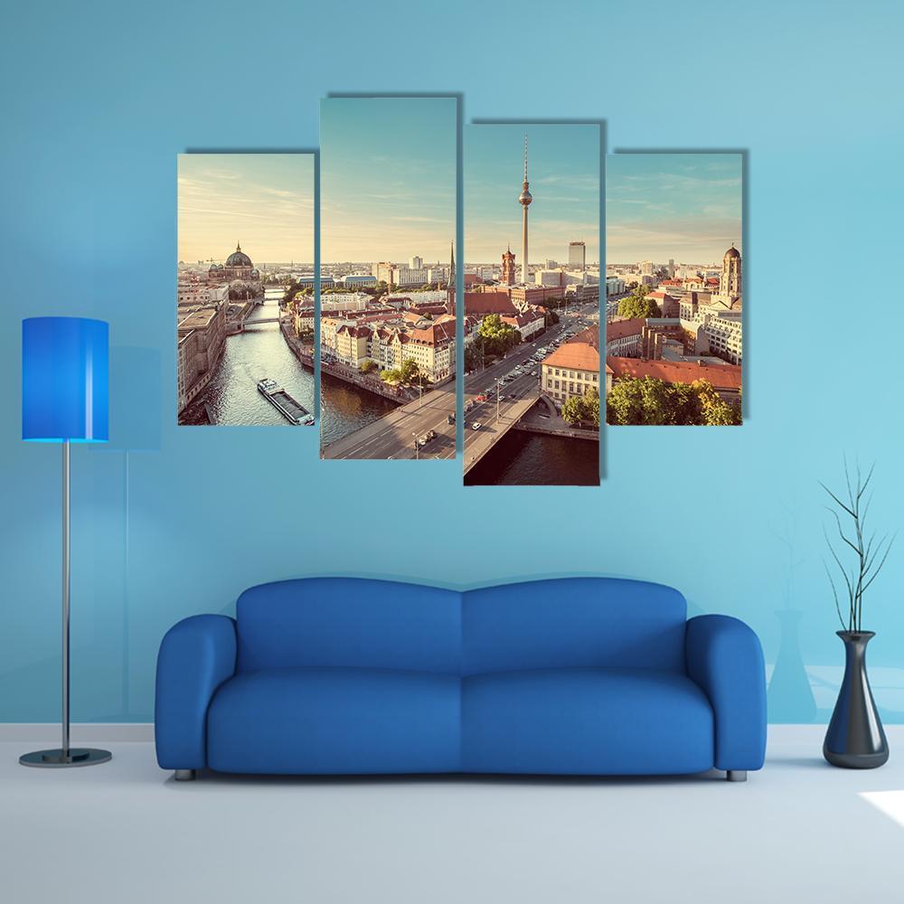 TV Tower &amp; Spree River Canvas Wall Art-4 Pop-Gallery Wrap-50" x 32"-Tiaracle