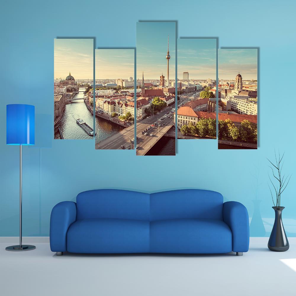 TV Tower &amp; Spree River Canvas Wall Art-5 Pop-Gallery Wrap-47&quot; x 32&quot;-Tiaracle