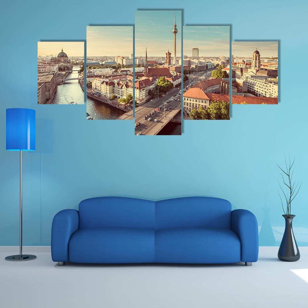 TV Tower &amp; Spree River Canvas Wall Art-5 Star-Gallery Wrap-62&quot; x 32&quot;-Tiaracle