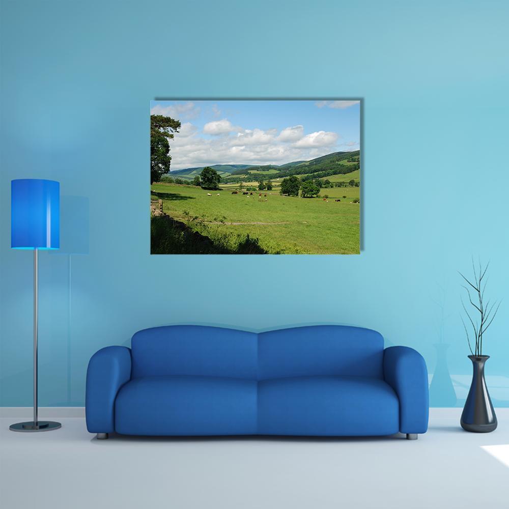Tweed Valley Near Traquair Canvas Wall Art in white, green and blue, single panel hung on a wall