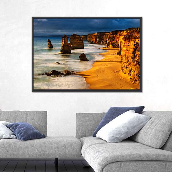 Twelve Apostles at Sunset Canvas Wall Art in brown, gold and blue, framed canvas, product view on a white background