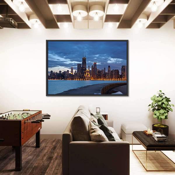 Twilight Blue Hour At Chicago City Panoramic Canvas Wall Art-1 Piece-36" x 12"-Tiaracle