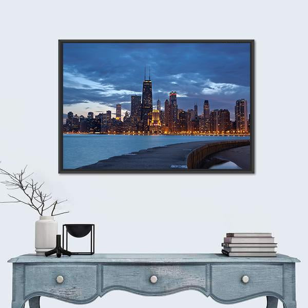 Twilight Blue Hour At City Of Chicago Canvas Wall Art-3 Horizontal-Gallery Wrap-25" x 16"-Tiaracle