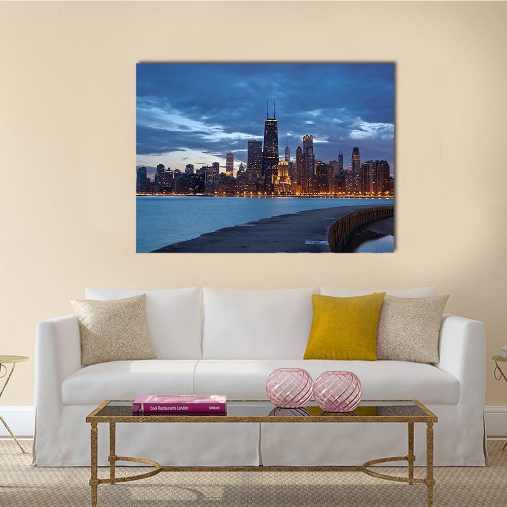 Chicago Skyline at Blue Hour Canvas Wall Art in black, blue and navy, single panel hung on a wall