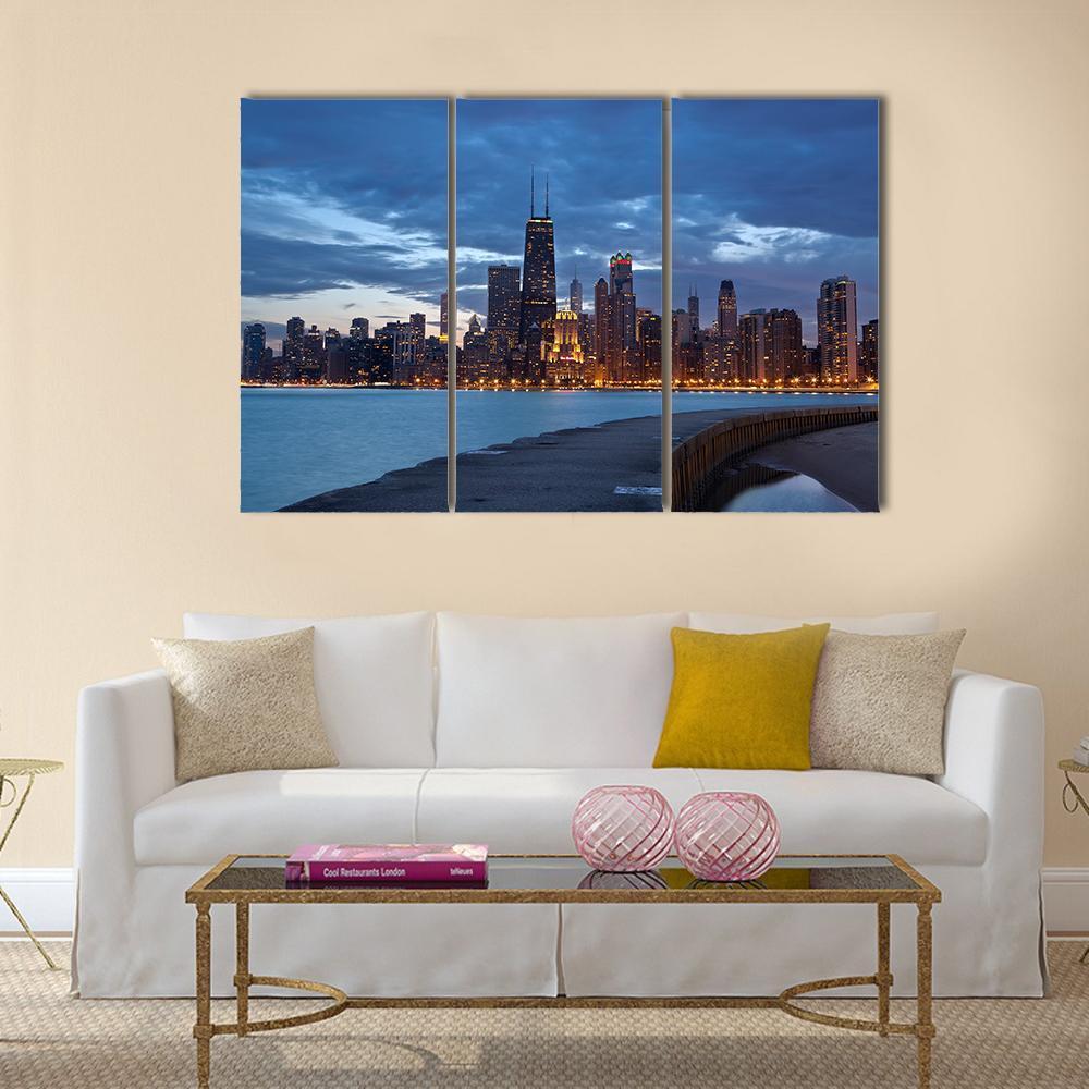 Twilight Blue Hour At City Of Chicago Canvas Wall Art-3 Horizontal-Gallery Wrap-37" x 24"-Tiaracle