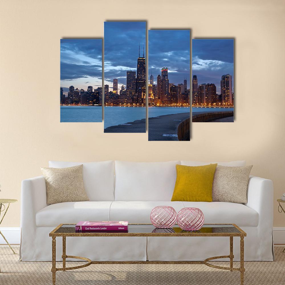 Twilight Blue Hour At City Of Chicago Canvas Wall Art-4 Pop-Gallery Wrap-50" x 32"-Tiaracle