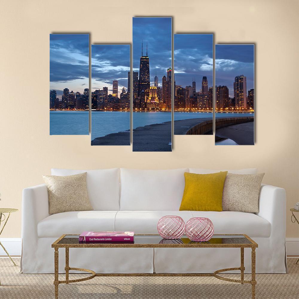 Twilight Blue Hour At City Of Chicago Canvas Wall Art-5 Pop-Gallery Wrap-47" x 32"-Tiaracle