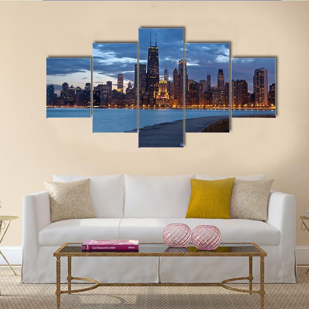 Chicago Skyline at Blue Hour Canvas Wall Art in black, blue and navy, 5 panel Star layout hung on a wall