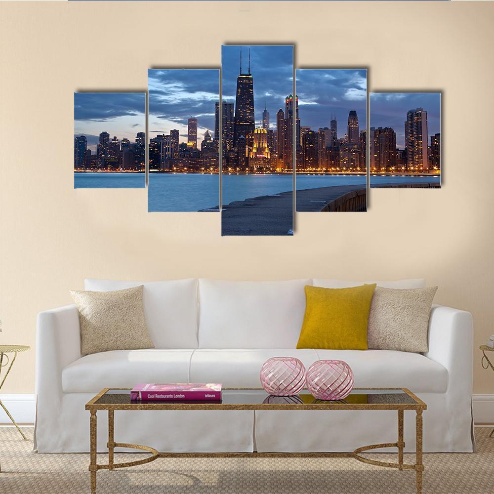 Twilight Blue Hour At City Of Chicago Canvas Wall Art-3 Horizontal-Gallery Wrap-37" x 24"-Tiaracle