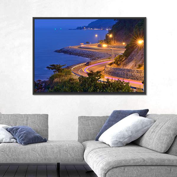 Twilight Scene Of The Road Beside Mountain And Sea Canvas Wall Art-1 Piece-Floating Frame-24" x 16"-Tiaracle