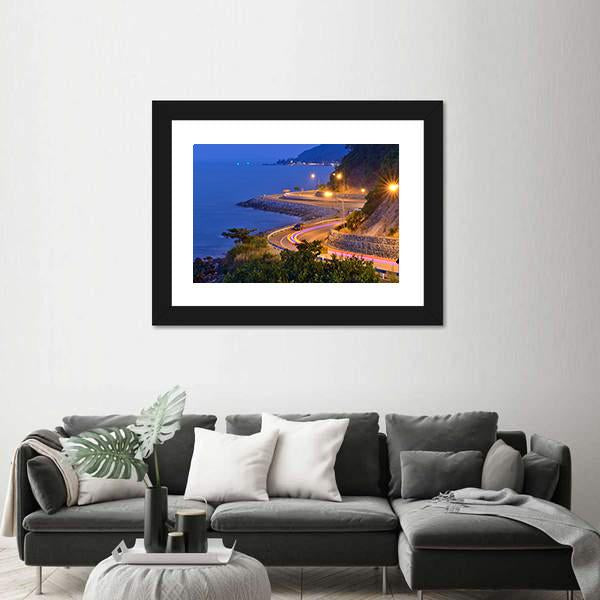 Twilight Scene Of The Road Beside Mountain And Sea Canvas Wall Art-1 Piece-Framed Print-20" x 16"-Tiaracle