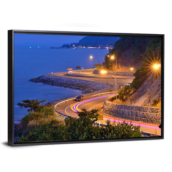 Twilight Scene Of The Road Beside Mountain And Sea Canvas Wall Art-3 Horizontal-Gallery Wrap-25" x 16"-Tiaracle