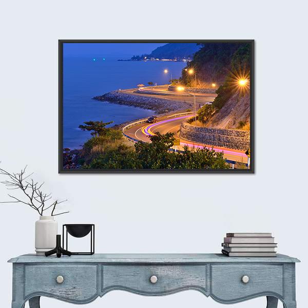 Twilight Scene Of The Road Beside Mountain And Sea Canvas Wall Art-3 Horizontal-Gallery Wrap-25" x 16"-Tiaracle
