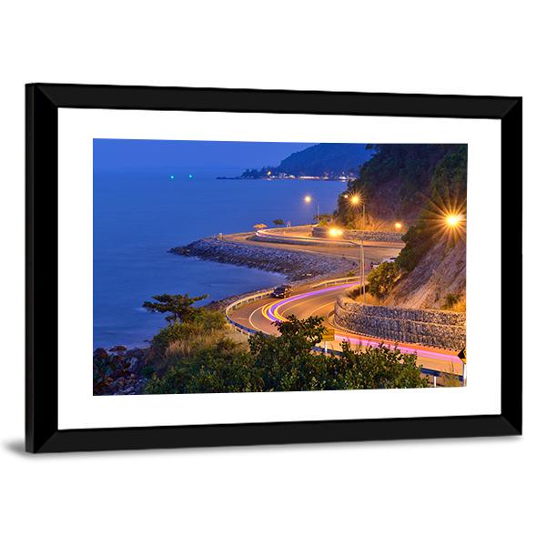 Twilight Scene Of The Road Beside Mountain And Sea Canvas Wall Art-3 Horizontal-Gallery Wrap-25" x 16"-Tiaracle