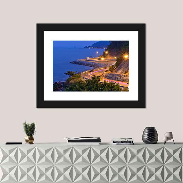 Twilight Scene Of The Road Beside Mountain And Sea Canvas Wall Art-3 Horizontal-Gallery Wrap-25" x 16"-Tiaracle