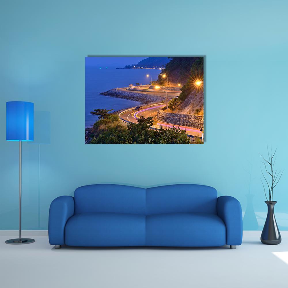 Twilight Scene Of The Road Beside Mountain And Sea Canvas Wall Art-1 Piece-Gallery Wrap-48" x 32"-Tiaracle